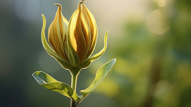 A soft focus, dreamy shot of a Golden Gloriosa bud about to bloom, in full ultra HD, capturing the anticipation of nature's artistry.