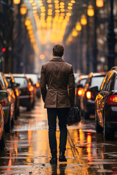 A man in a suit and tie walking down a street. Going to work in the morning.