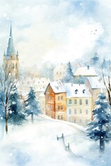 A picturesque painting of a snowy town with a charming church in the background. Perfect for winter-themed designs and holiday greetings