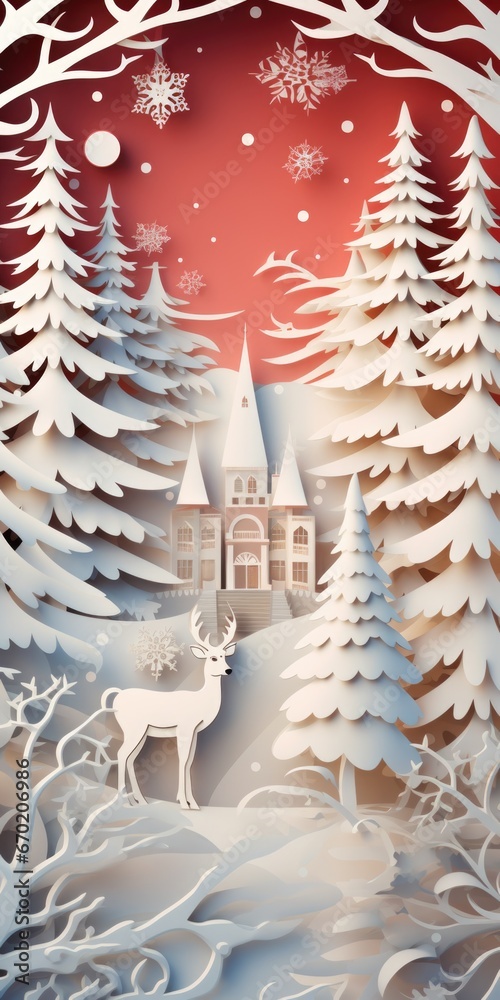 Poster a paper cutout of a deer set against a snowy forest backdrop. this image can be used for various cre