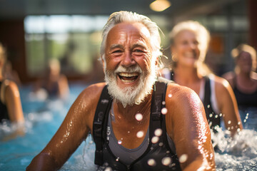Group of old seniors doing exercises in a pool.