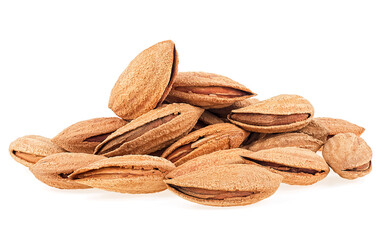 Pile of tasty almonds nuts in shell isolated on a white background.  Dried almonds.