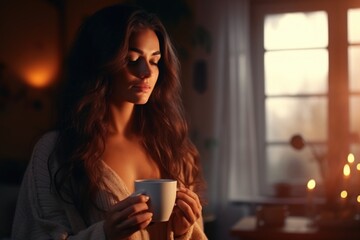 A woman holds a cup of coffee in front of a window. This image can be used to depict relaxation, morning routine, or enjoying a hot beverage