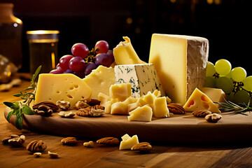 Various types of cheese set with grapes and nuts, on a wooden table.
