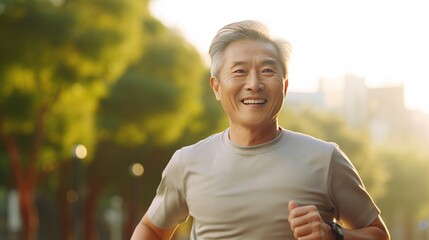 Senior Asian man is jogging outside
