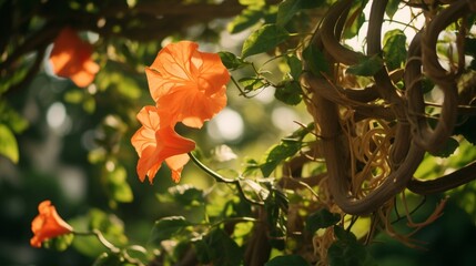 A soft focus shot of an Angel's Trumpet Vine winding its way up a trellis, its elegant leaves and tendrils creating an artistic composition in full ultra HD