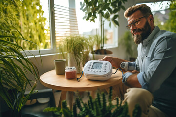 Men sitting at a table with an electronic blood pressure device