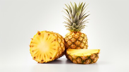 In this realistic 3D render, a luscious whole pineapple is expertly paired with a neatly sliced section. The pineapple's rich, golden tones contrast elegantly with the pristine white backdrop.