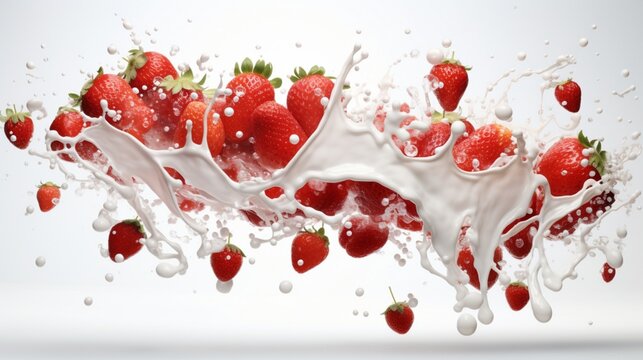 In this high-definition 3D render, a cascade of milk erupts, engulfing vibrant strawberries in its frothy embrace. The scene is frozen in time against a clean, white background.