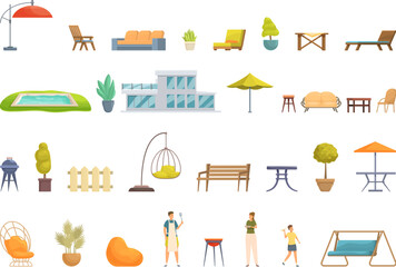 House with patio icons set cartoon vector. Wooden terrace house. Nature small armchair