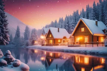 Foto op Canvas snowing cabin at the village in the magic mountains, Christmas tree, magical, winter cozy vibe,  holiday, ai generated © July Star