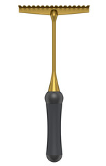 Garden rake with wooden handle for harvesting hay on white background.