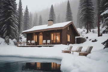 wooden house in the snow, snowing winter cozy vibe,  holiday, ai generated, golden light, cottage in the mountains, winter vibe in the mountains