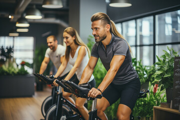Fototapeta na wymiar A man and a woman riding bikes in a gym.