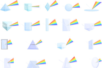 Prism light refraction effect icons set cartoon vector. Rainbow prism lens. Flare reflection