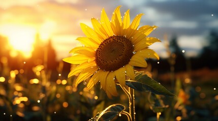 A solitary Solstice Sunflower bathed in golden sunlight in a lush meadow, its petals glistening with dewdrops.