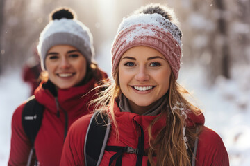 Fototapeta na wymiar Two women in winter clothing walking through the snow.