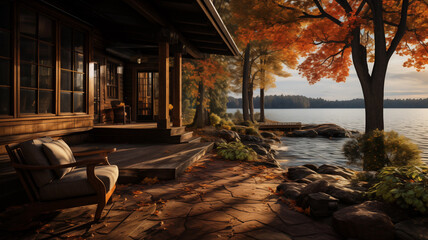 wooden cottage on the lake on sunny autumn day. holiday getaway destination - obrazy, fototapety, plakaty
