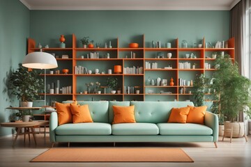 Mint sofa with orange pillows against bookcase. ai generative