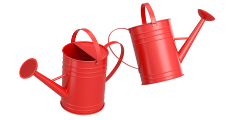 Set of watering can on white background. 3d render of gardening equipment tools