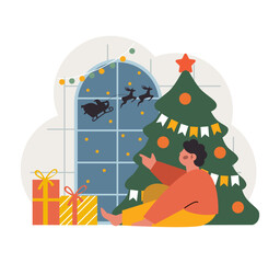 Christmas and new year celebration. Little boy waiting for Santa Claus. Christmas tree and presents. Santa Claus flying on sleigh with reindeers. Flat vector illustration