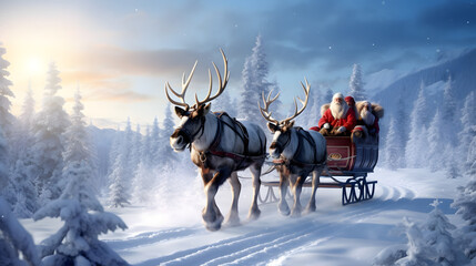 Reindeer Sleigh Ride - obrazy, fototapety, plakaty