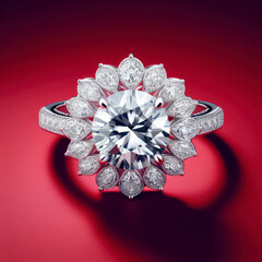 Luxury diamond ring isolated on red background. ai generative