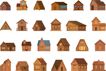 Wooden cabin icons set cartoon vector. Wood tree house. Pine forest village - obrazy, fototapety, plakaty