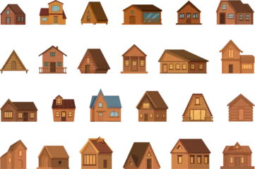 Foto op Canvas Wooden cabin icons set cartoon vector. Wood tree house. Pine forest village © nsit0108