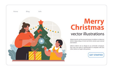 People celebrate christmas web banner or landing page. Cheerful family members, mom and little daughter decorating big christmas tree on winter holiday. Festive tradition. Flat vector illustration