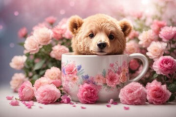 A cute a bear baby in flowers. ai generative