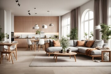 Fototapeta na wymiar Modern Apartment Interior Design for Living and Dining Rooms 3D Rendering