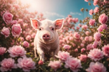 A cute a pig baby in flowers. ai generative