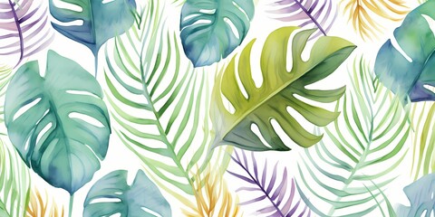Tropical seamless pattern with leaves. Watercolor background with tropical leaves - obrazy, fototapety, plakaty