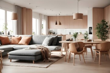 Fototapeta premium Interior design of modern apartment, living room and dining room, panorama 3d rendering