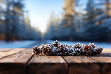 A wooden table boards and blurred defocused snow covered trees in the background.