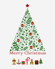 Merry Christmas and Happy New Year greeting card with Christmas tree. Christmas set of flat icons.
