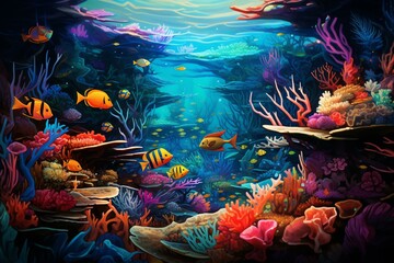 vibrant underwater ecosystem with colorful fish swimming. Generative AI