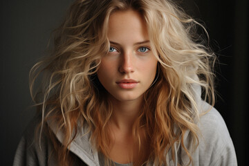 Naklejka premium Portrait of a beautiful young blonde nordic woman with freckles on her face.
