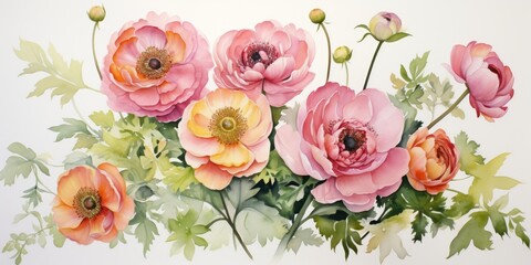 Bouquet of beautiful different flowers Ranunculus, on light background Generative AI