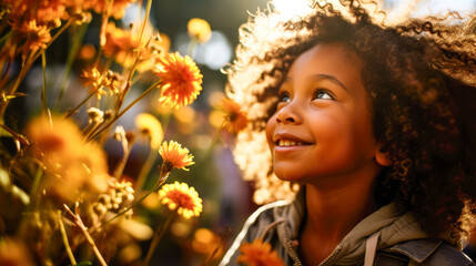 Young girl with afro looking up at some flower blossoms.