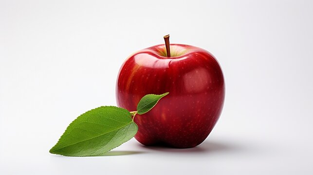 A 3D-rendered image captures the essence of a red apple, meticulously sliced to display its juicy, crisp texture. A fresh green leaf complements the fruit, set against a pure white background.