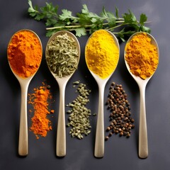 spices and herbs on wooden spoons