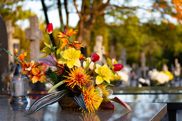 Flowers in the cemetery in Poland 