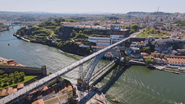 Porto Portugal, Aerial view of the Cathedral of  Porto close to the  Dom Luis I Bridge, the old town, and Douro River, Travel Tourism landmark 