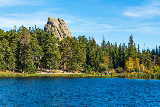 Landscape of People Fishing and Hiking at Sylvan Lake in Custer State Park, South Dakota, USA