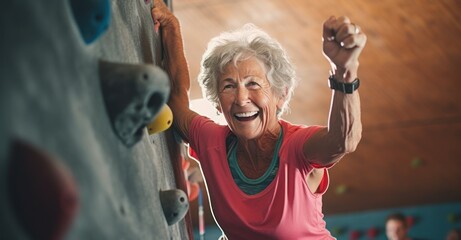 grandmother rock climbing indoors, showcasing strength and agility