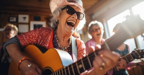 a group of elderly ladies forming a band, passionately playing guitar