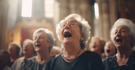 elderly women practicing choir singing in a historic church, their voices harmoniously blending
