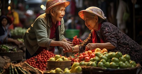 elderly women, exploring a bustling marketplace, tasting exotic fruits and bartering